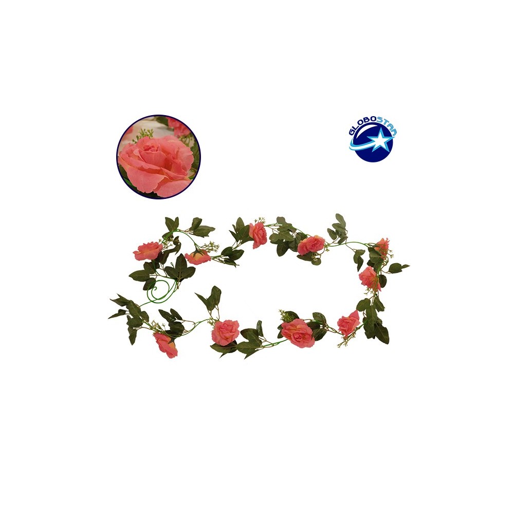 GloboStar® 09001 Τεχνητό Κρεμαστό Φυτό Διακοσμητική Γιρλάντα Μήκους 2.2 μέτρων με 10 X Μεγάλα Τριαντάφυλλα Κοραλί